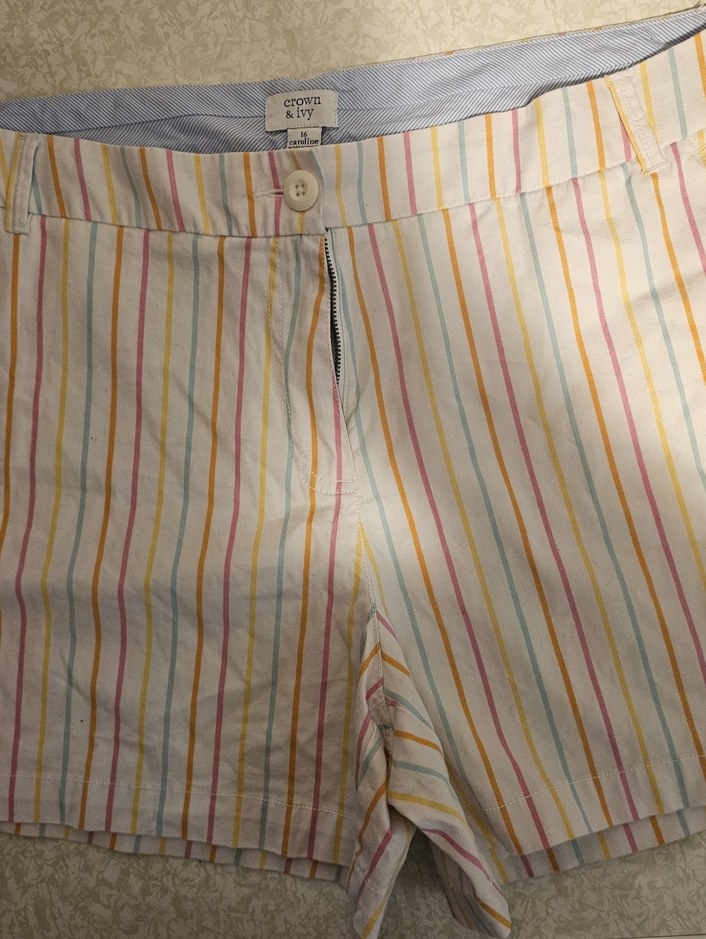 crown & ivy White Shorts with Pink, Yellow & Blue Stripes Sz. 16 Like New